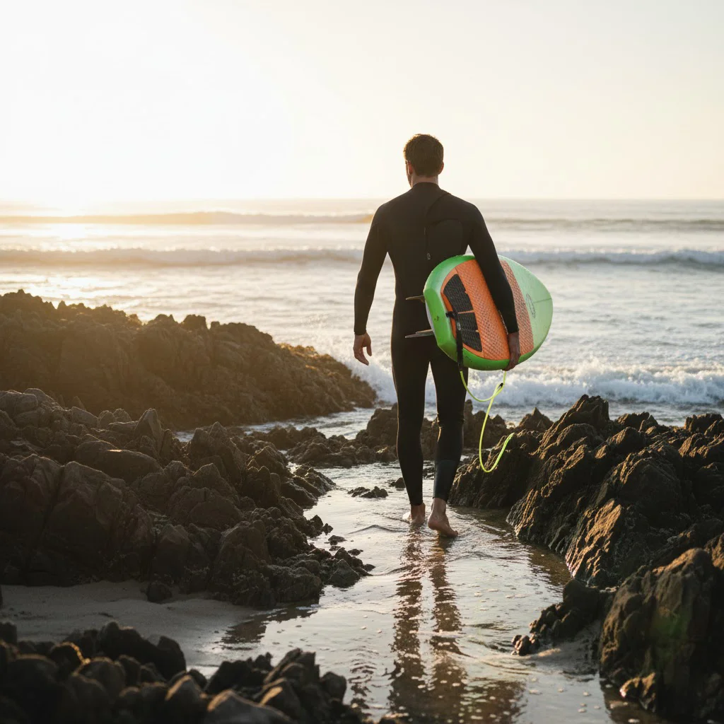 Surfer in black wetsuit carrying a green surfboard walks barefoot through rocky path toward the ocean during sunset.
