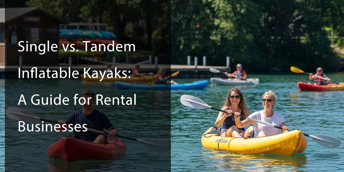 Two people paddling in a yellow tandem kayak on a calm lake, with other kayakers in red and blue kayaks in the background, surrounded by trees and a dock.