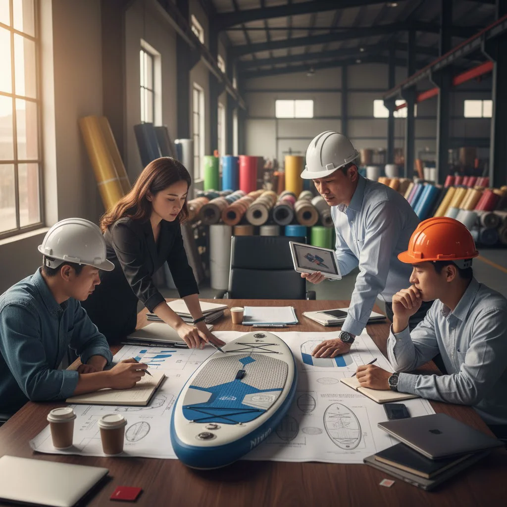 Group of professionals wearing helmets discussing surfboard design at a table with design plans and digital tablets in a factory setting.