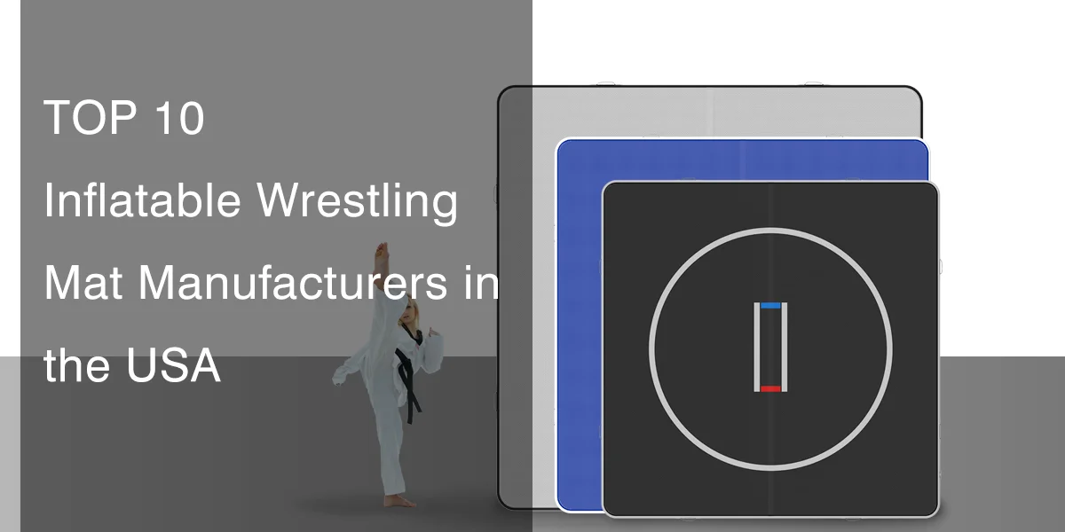 Stack of inflatable wrestling mats with a martial artist in white gear performing a high kick beside text listing top manufacturers in the USA.