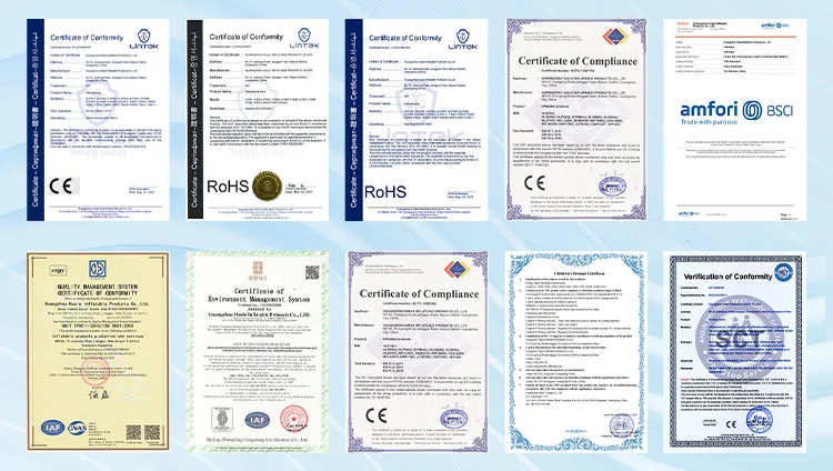 Multiple certificates including compliance, RoHS, and quality management displayed in two rows, each with a distinct format and seals.
