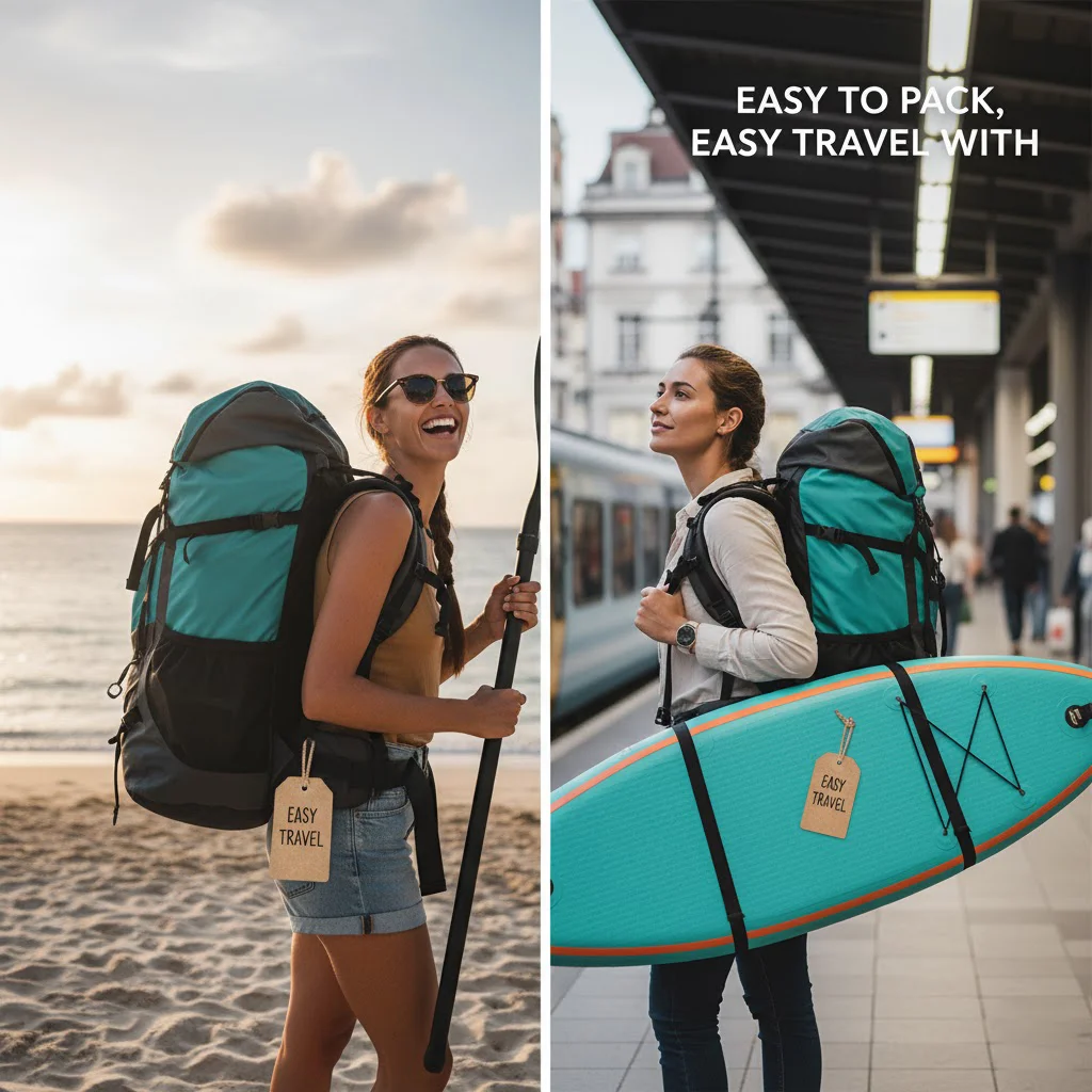 A woman with a large backpack walks on a beach and waits at a train station, both tagged with 'Easy Travel'.