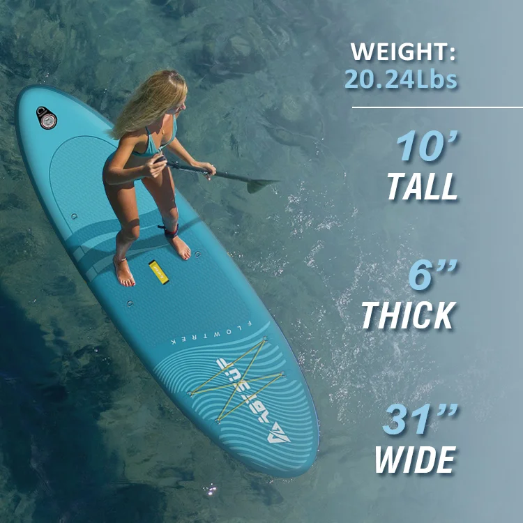Woman paddleboarding on a blue board with specifications including weight 20.24 lbs, 10' tall, 6'' thick, 31'' wide shown on the side.