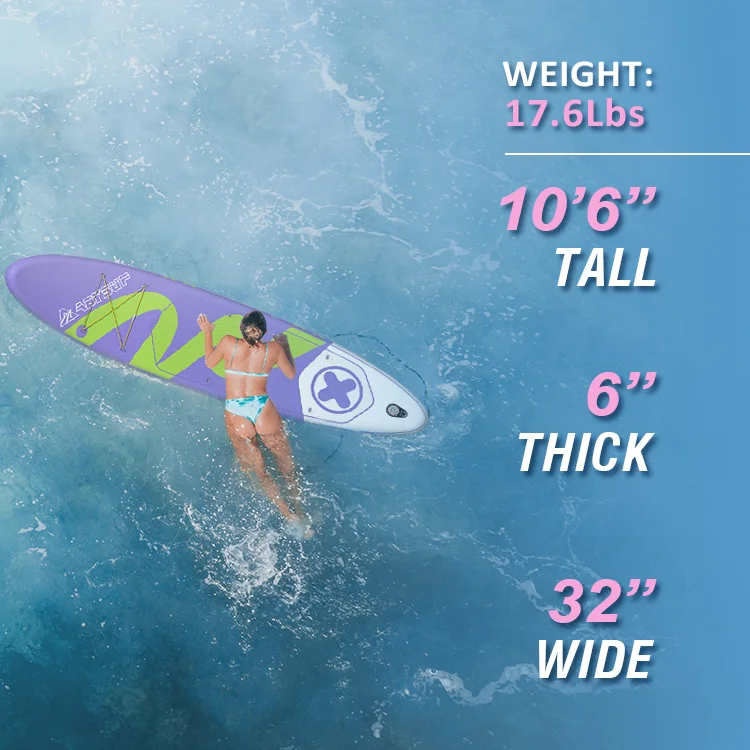 Woman in a blue bikini paddleboarding on a purple and green board on clear water, with dimensions 10'6" tall, 6" thick, 32" wide listed.