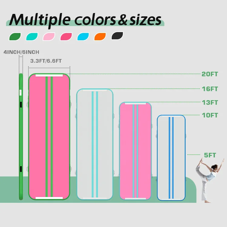 Air track mats in multiple colors and sizes, ranging from 5ft to 20ft, with a person demonstrating flexibility.