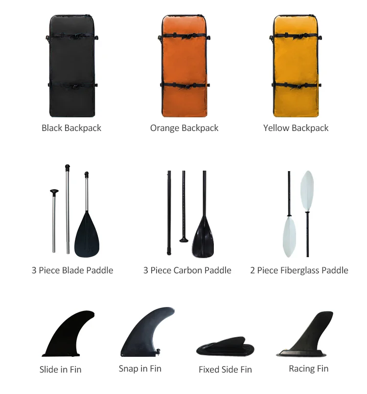 Collection of backpacks, paddles, and fins, including three backpacks in black, orange, and yellow, with various paddle styles and fin types displayed below.