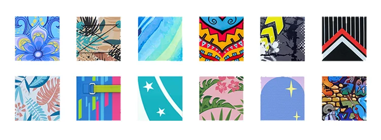 Collage of twelve colorful square patterns, each with unique designs including floral, abstract, geometric, and textured elements.