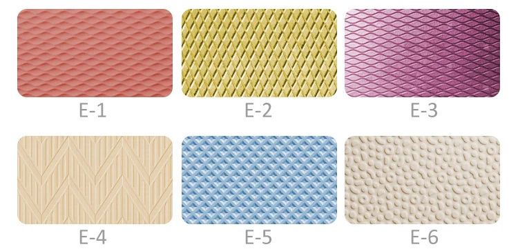 Six rectangular samples with different colors and textures, labeled E-1 to E-6, showing diverse pattern designs.
