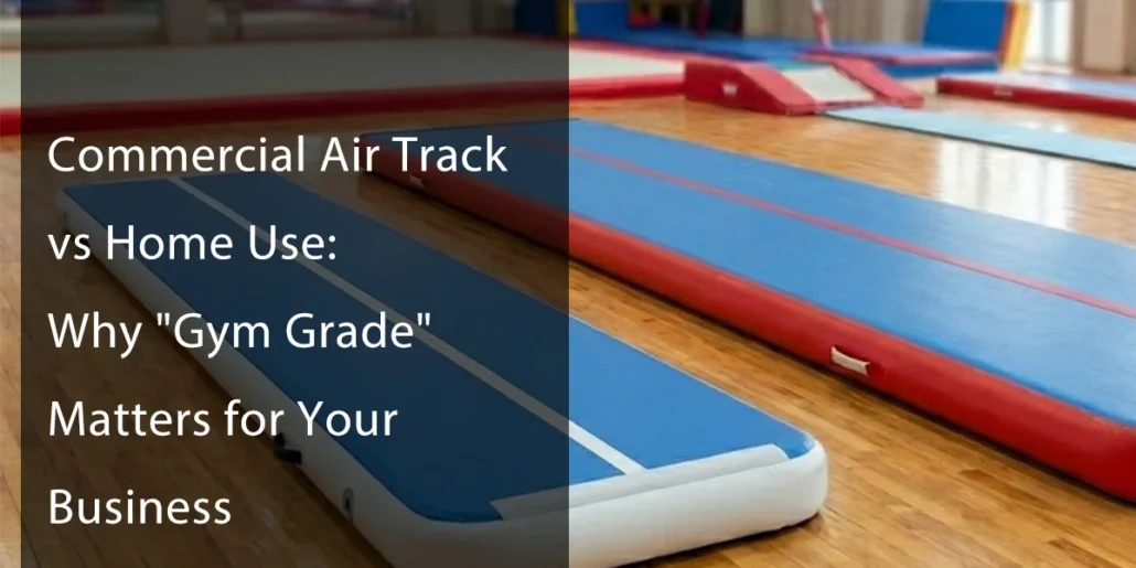 Gymnasium setting with blue and red air tracks placed on wooden flooring, illustrating a comparison of commercial vs home use air tracks.