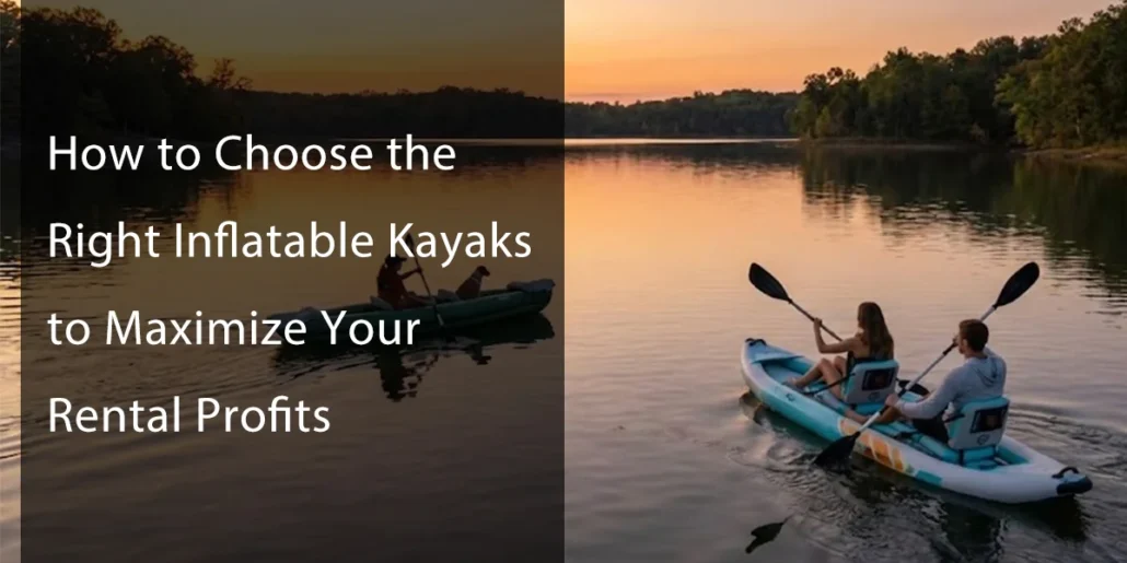 A couple kayaking in an inflatable kayak on a calm lake during sunset, with trees in the background.