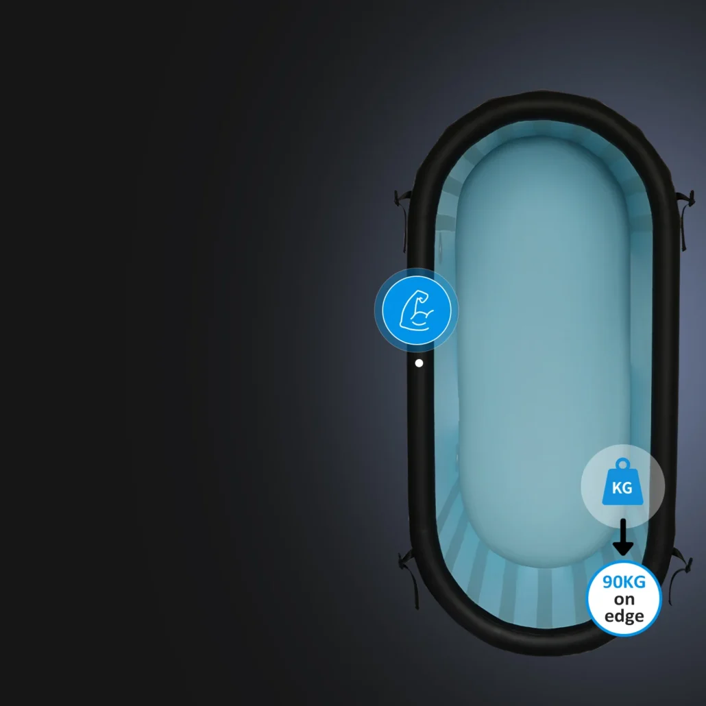 Top view of an inflatable bathtub with a black outer layer and light blue interior against a dark background. Icons indicate 90 kg capacity on edge.