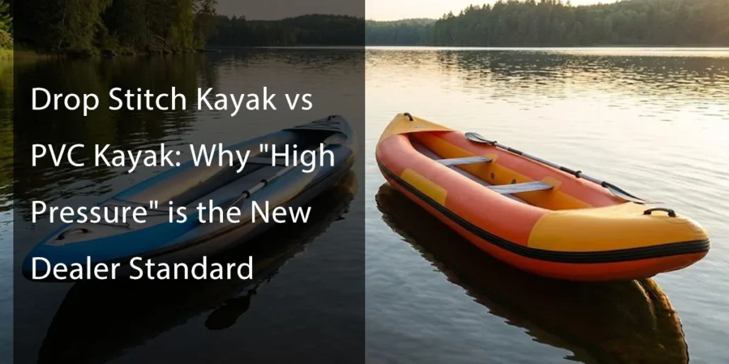 Two kayaks on calm lake water, one blue drop stitch and one orange PVC, with a forested shoreline in the background.