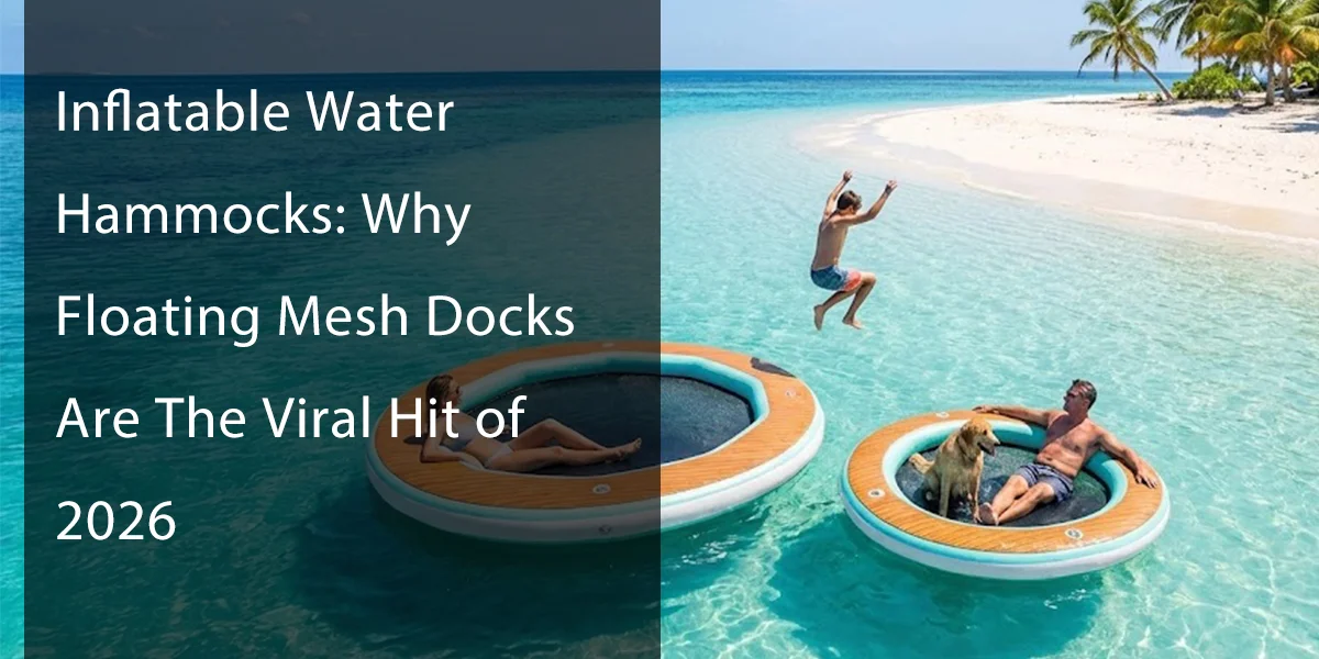 Two people and a dog on inflatable water hammocks in turquoise water near a sandy beach with palm trees.