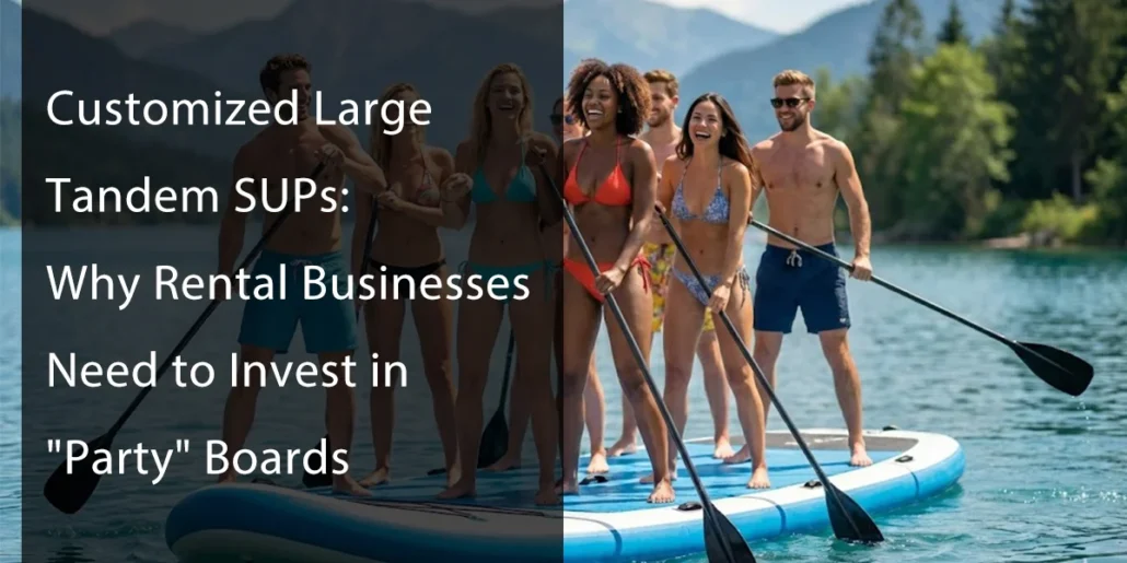 A group of people paddleboarding on a large tandem SUP in a scenic lake surrounded by mountains and forests.