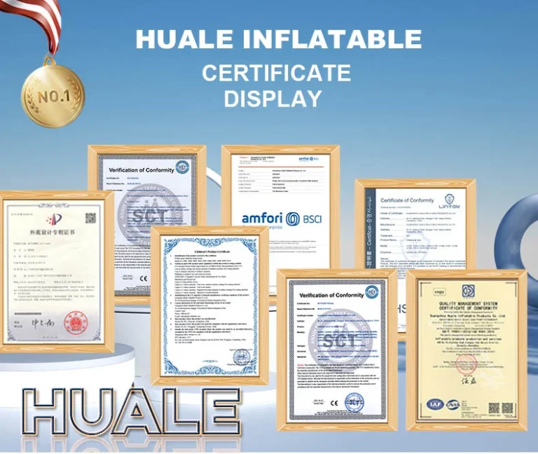 Framed certificates displayed against a blue background with text 'Huale Inflatable Certificate Display'.