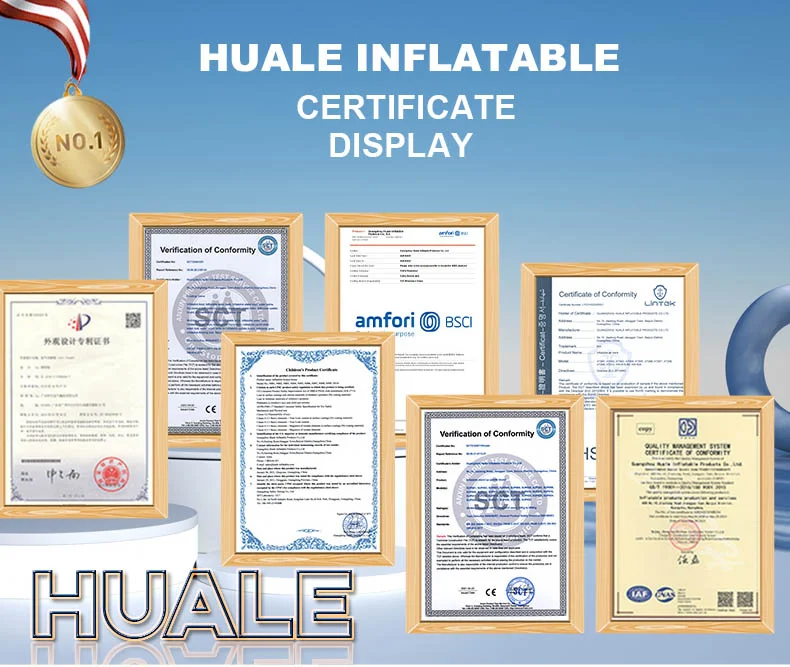 Framed certificates displayed against a blue background with text 'Huale Inflatable Certificate Display'.