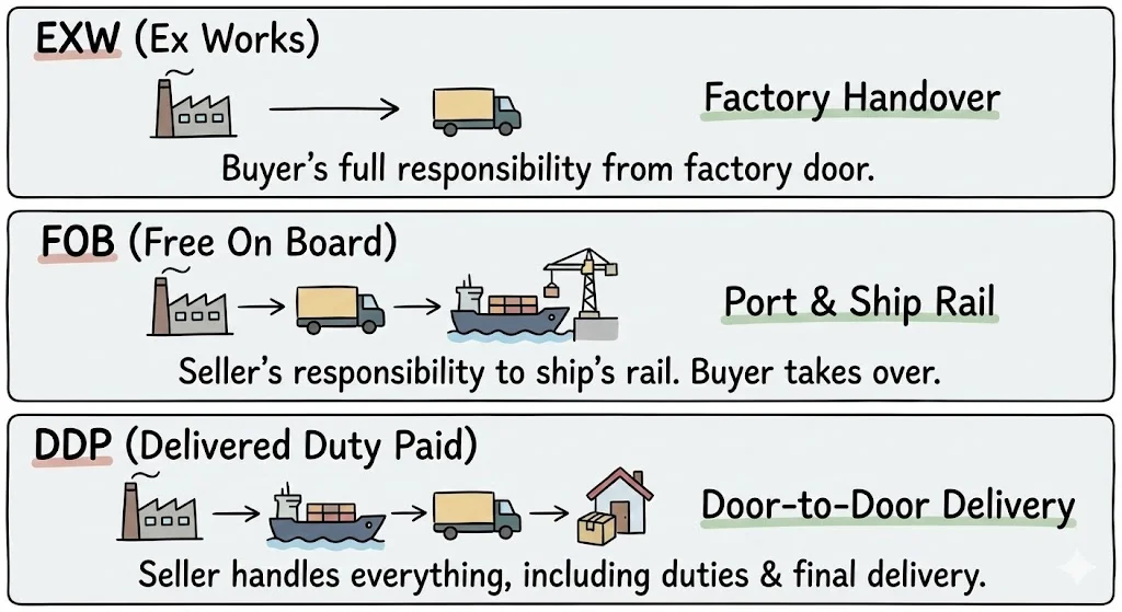 Diagram explaining Incoterms: EXW with a factory handover, FOB with port and ship rail transfer, and DDP with door-to-door delivery.