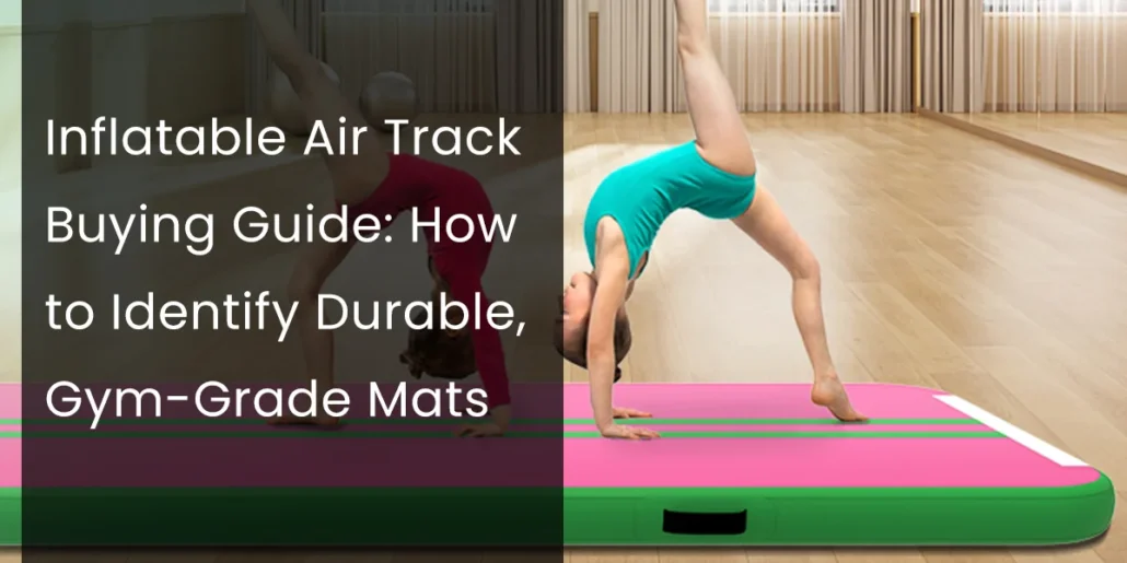 Child performing a handstand on a pink and green inflatable air track in a gym setting, illustrating durability factors for gym-grade mats.