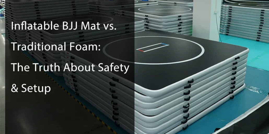 Stack of inflatable BJJ mats with text discussing safety and setup comparisons to traditional foam mats.