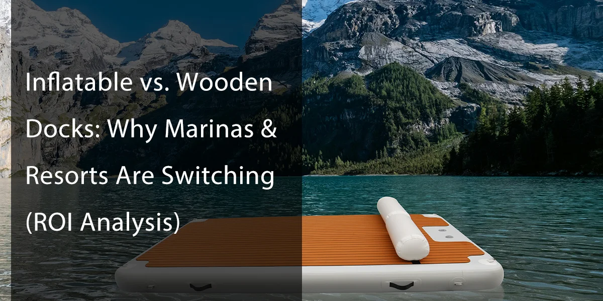 An inflatable dock floats on a mountain lake, with a text overlay discussing the switch from wooden to inflatable docks for marinas and resorts.