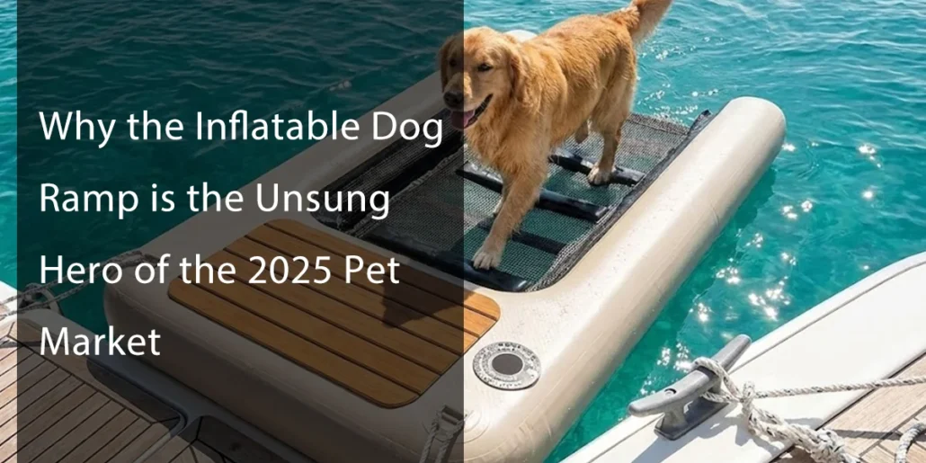 Golden retriever standing on an inflatable dog ramp positioned next to a boat on clear turquoise water.