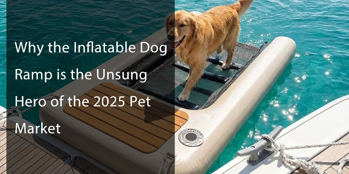 Golden retriever standing on an inflatable dog ramp positioned next to a boat on clear turquoise water.