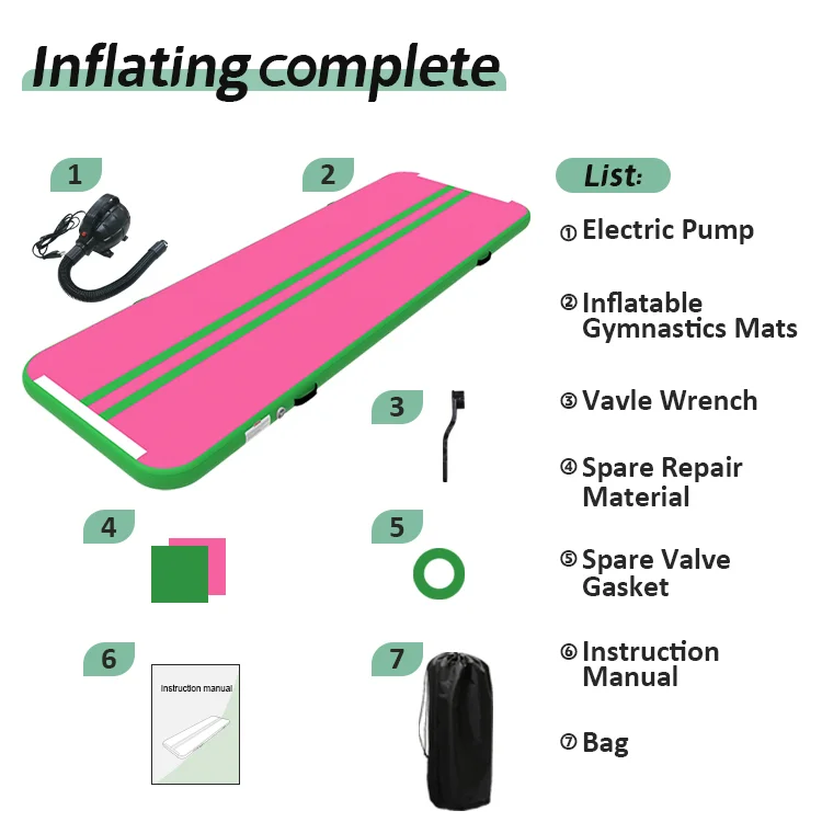 Inflatable gymnastics mat kit with pink mat, electric pump, valve wrench, repair material, valve gasket, instruction manual, and bag.