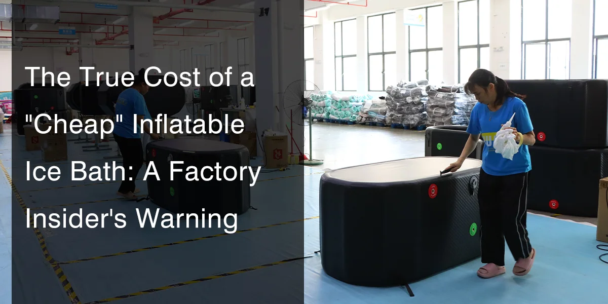 Worker assembling inflatable ice baths in a factory setting with stacks of packaged baths visible.