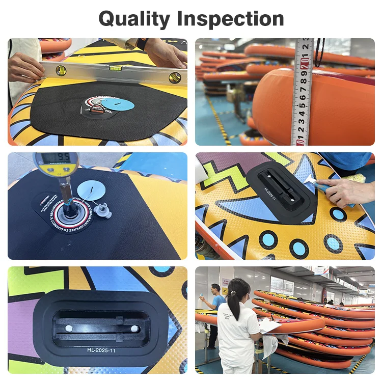 Six images showing the quality inspection of inflatable paddleboards with measurements, pressure gauges, and assembly checks.