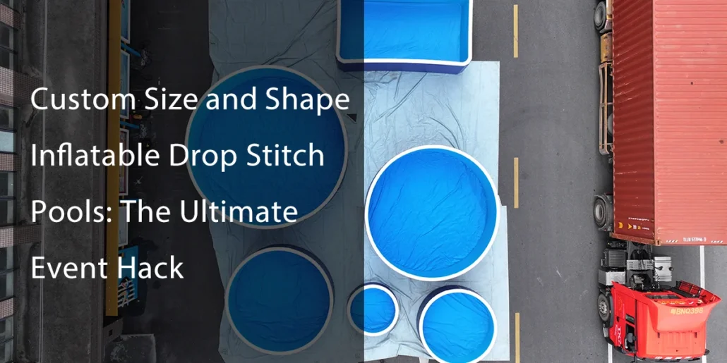 Aerial view of blue inflatable pools of various sizes loaded on a flatbed truck parked on a road.