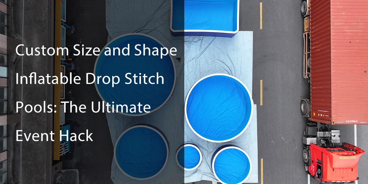 Aerial view of blue inflatable pools of various sizes loaded on a flatbed truck parked on a road.