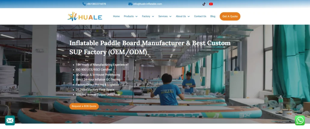 Factory interior for inflatable paddle boards with workers and equipment, highlighting manufacturing and quality control capabilities.