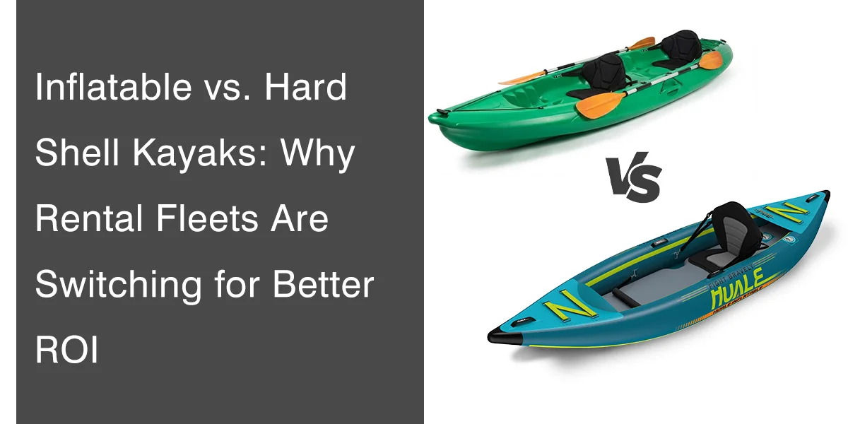 Green hard shell kayak and blue inflatable kayak side by side on white background with VS text in between.