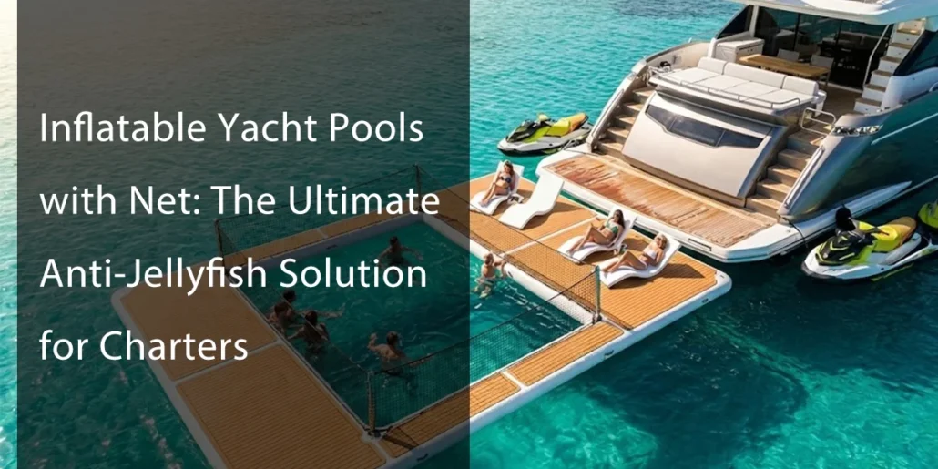 Luxury yacht with an attached inflatable pool featuring a net in turquoise waters, surrounded by people swimming and sunbathing.