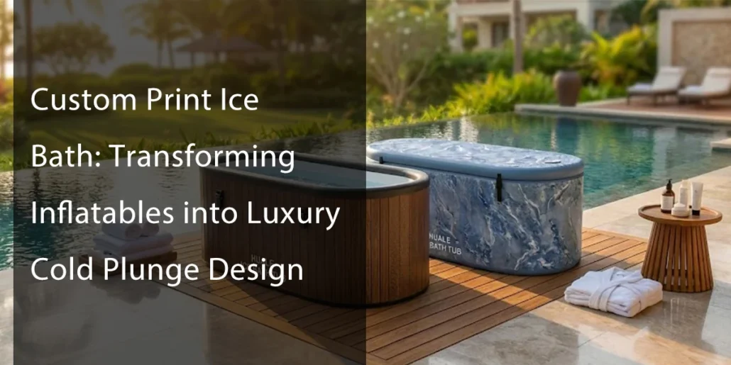 Two luxury cold plunge tubs, one wooden and one marble patterned, are positioned on a poolside deck with towels and toiletries nearby.