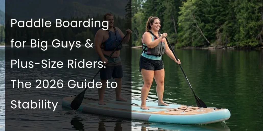 Two plus-size individuals enjoying paddle boarding on a calm lake, surrounded by forested hills.