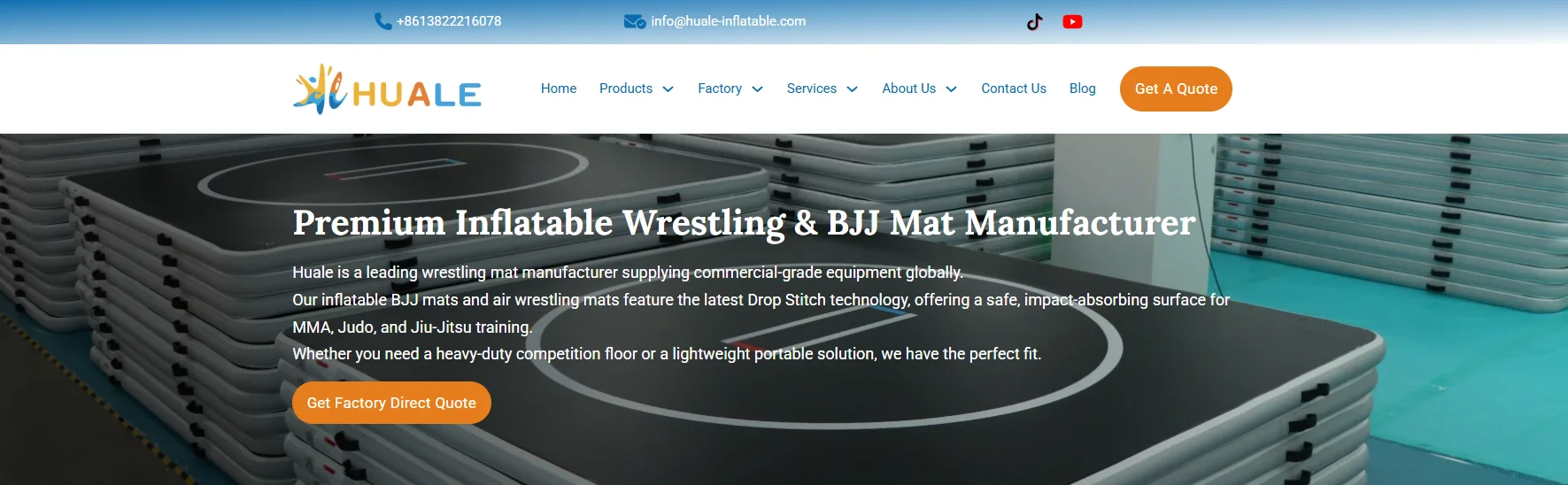 Website banner featuring inflatable wrestling and BJJ mats from Huale, highlighting premium mat manufacturing and direct quotes.