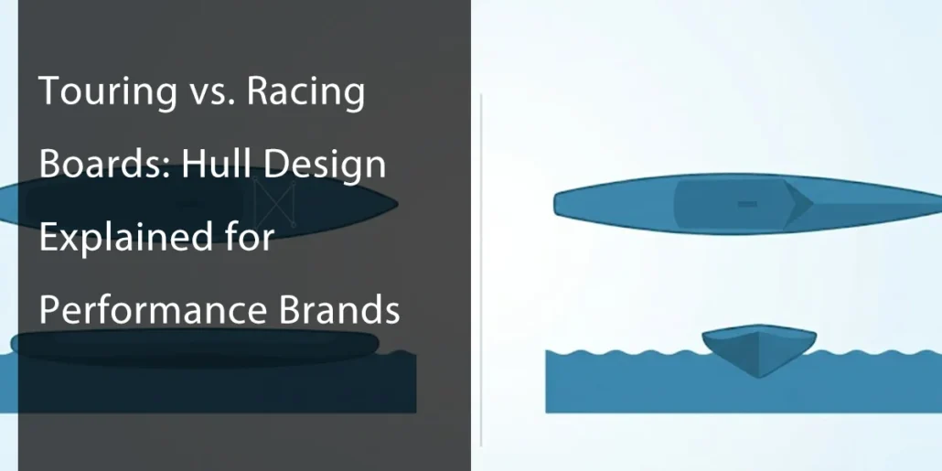 Illustration comparing touring and racing paddle board hull designs with text explaining performance brand implications.