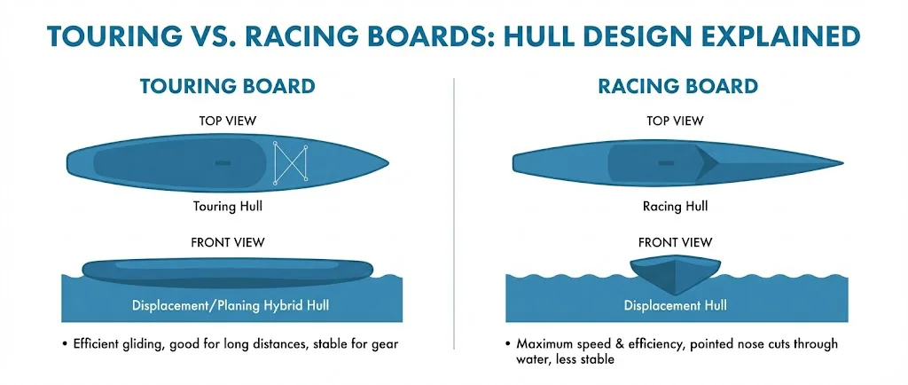 Comparison of touring board and racing board hull designs with top and front views, highlighting features and stability.