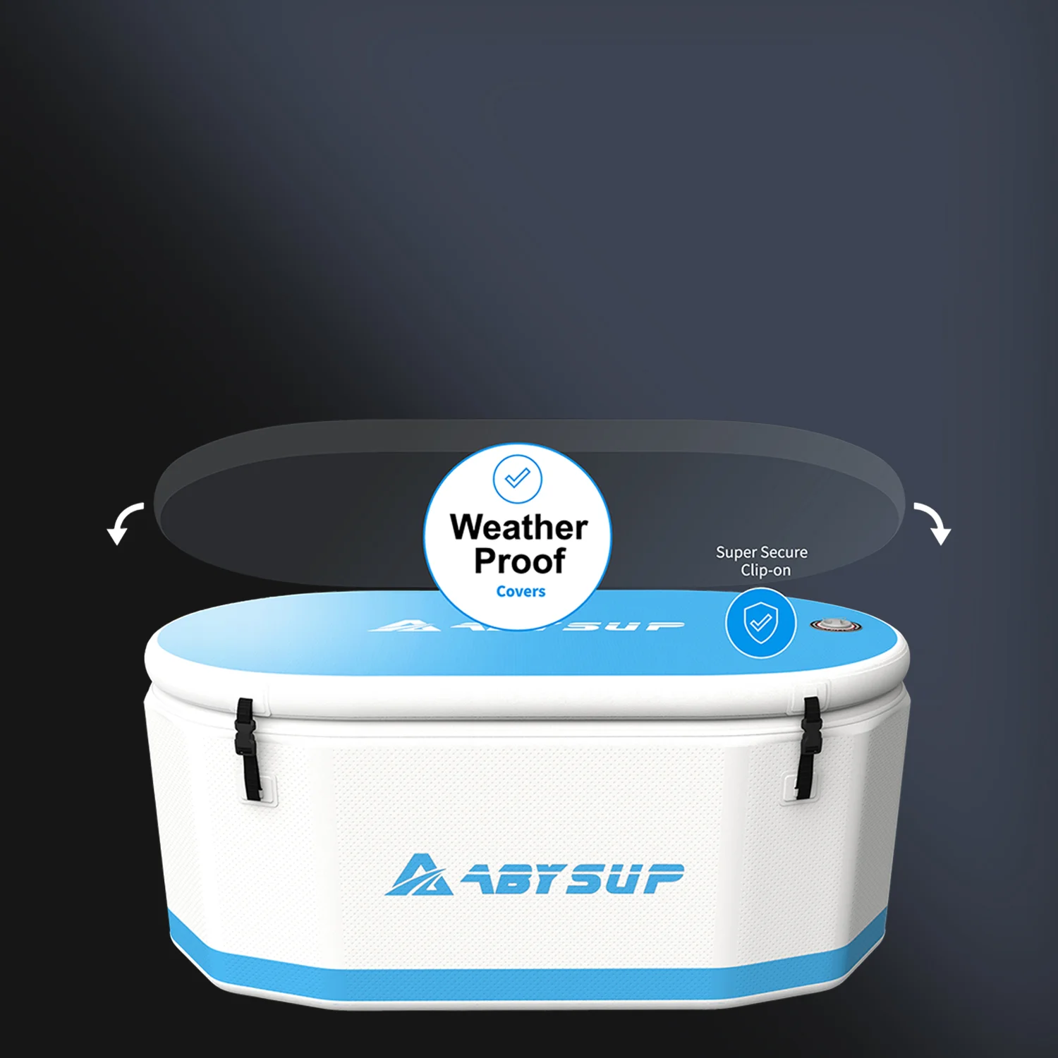 White cooler with blue lid labeled 'ABYSUP'. Weatherproof cover featured with clip-on functionality.