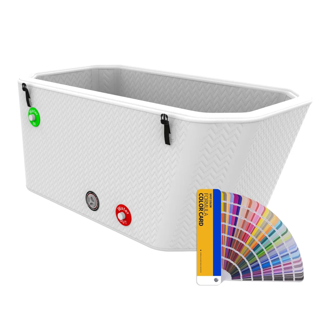 Large white container with textured surface and zipper closure, featuring green and red water control buttons and a color swatch sample.