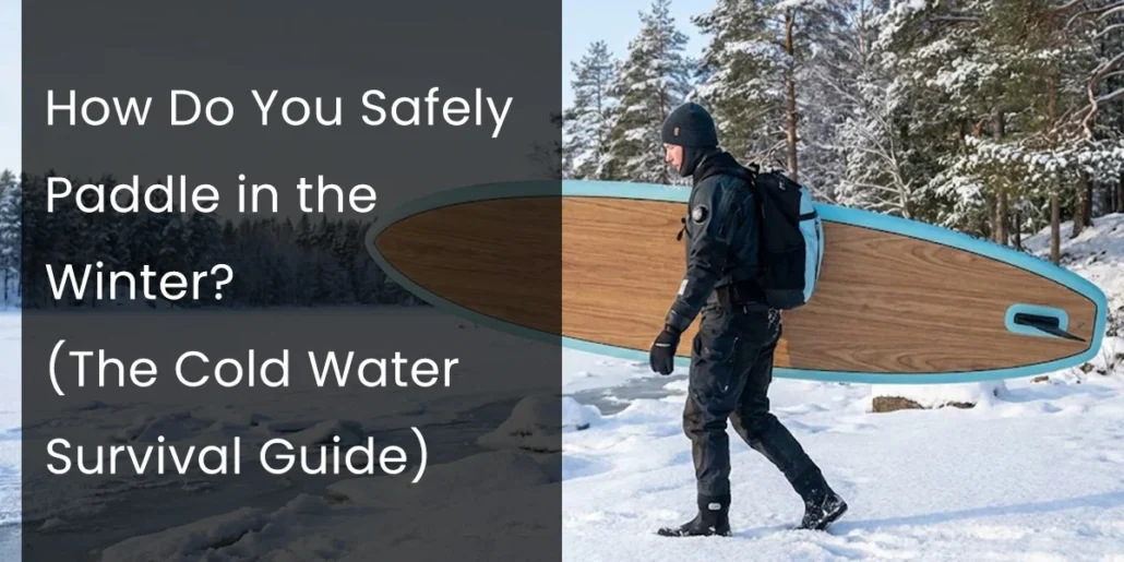 Person in winter gear walking with a paddleboard on snow-covered ground, surrounded by snowy trees.