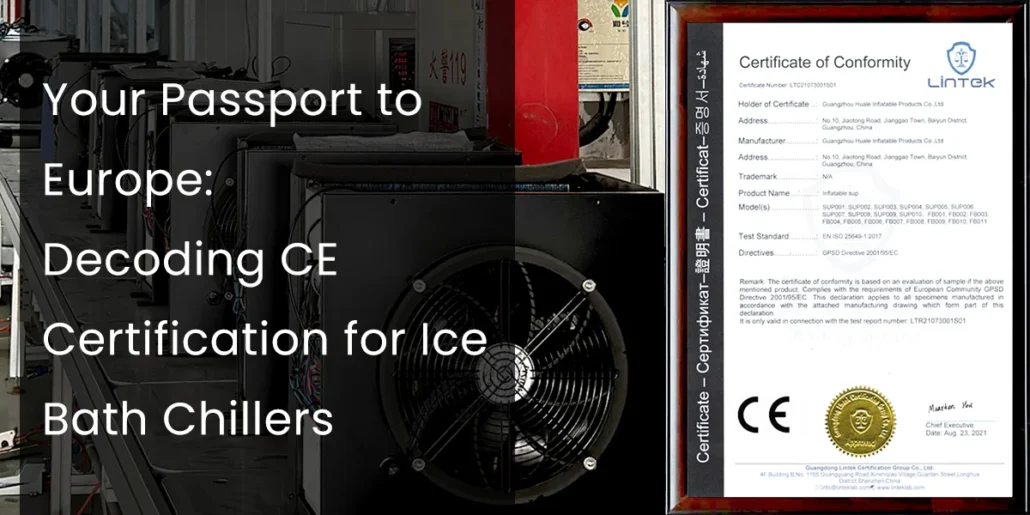 Close-up of CE Certificate for ice bath chillers with industrial equipment in the background, highlighting European compliance.