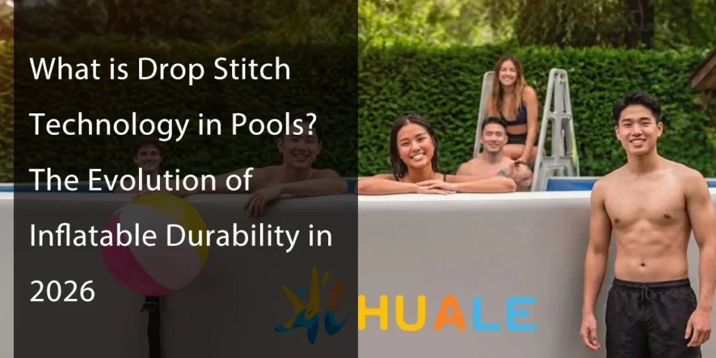 Group of people enjoying an inflatable pool with visible branding, showcasing drop stitch technology.