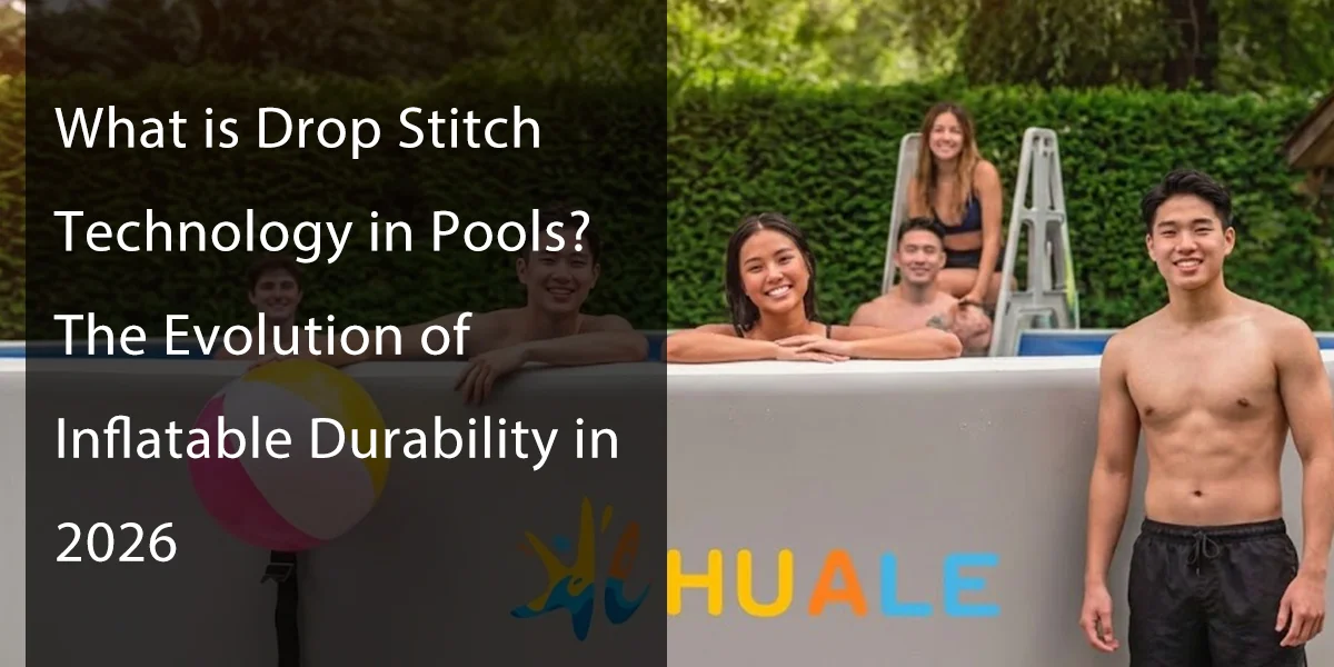 Group of people enjoying an inflatable pool with visible branding, showcasing drop stitch technology.