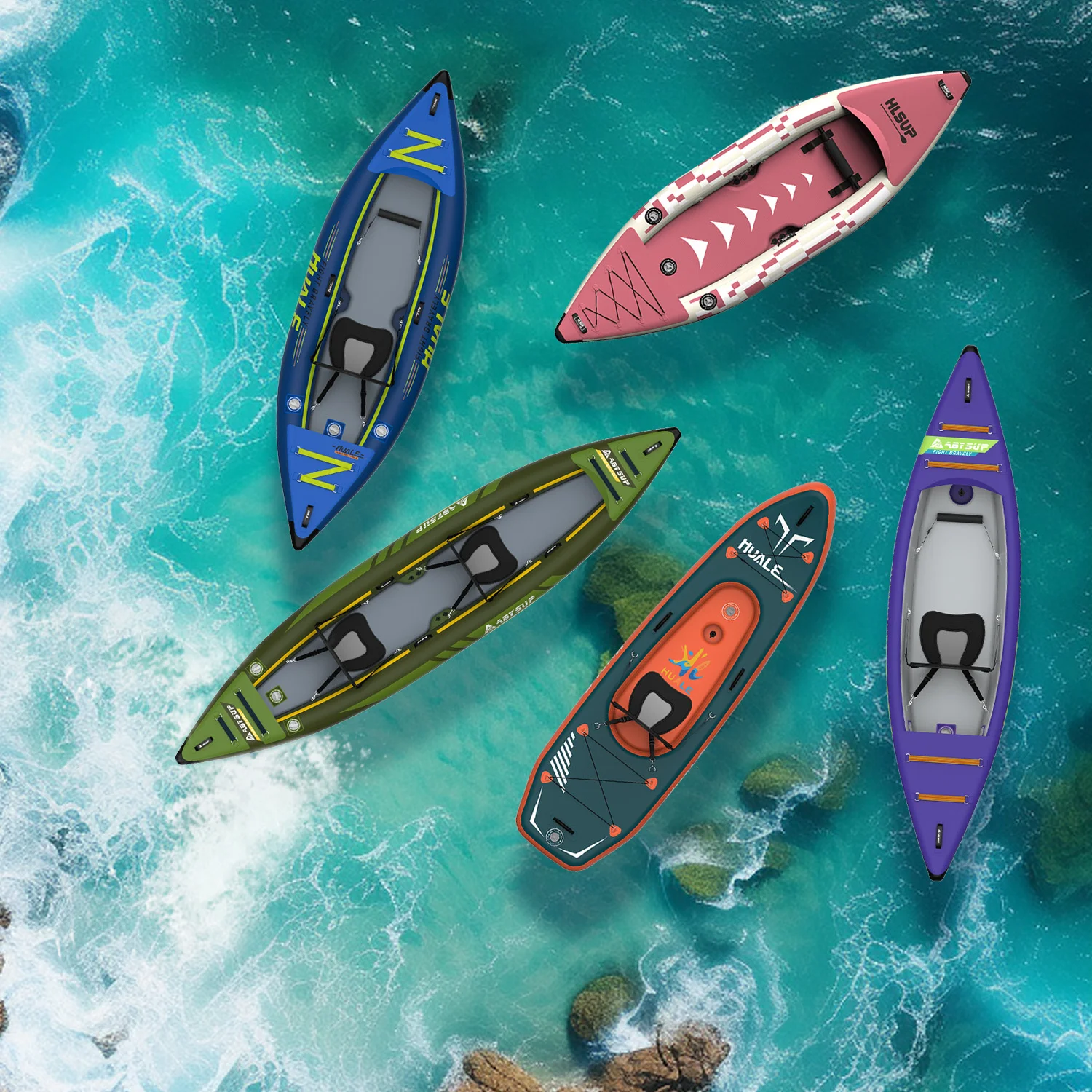 Top view of five colorful kayaks floating on vibrant ocean water with visible waves and rocks below.