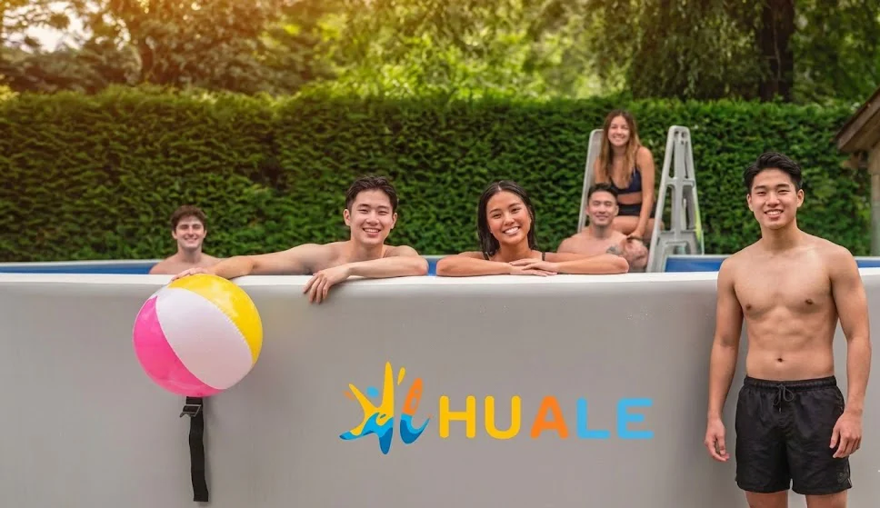 People in a swimming pool outdoors with a colorful beach ball, surrounded by greenery and a sunny atmosphere.