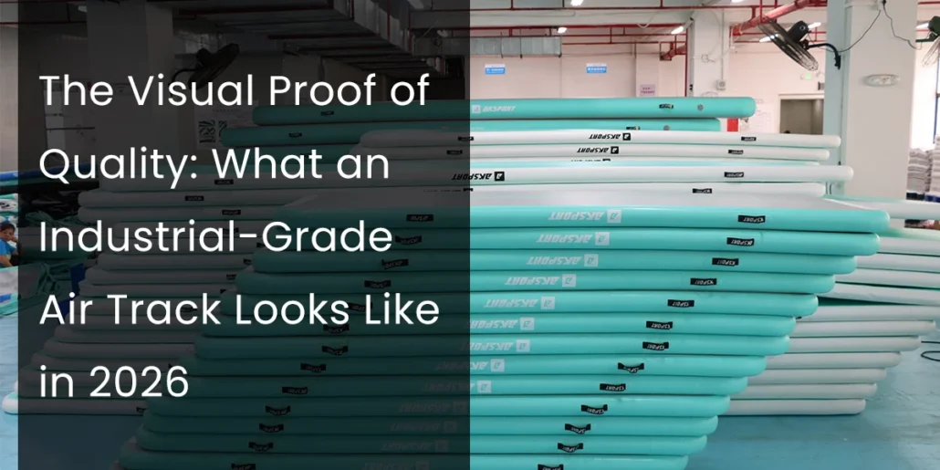 A stack of teal and white industrial-grade air tracks piled high in a factory setting with overhead lights and fans visible.