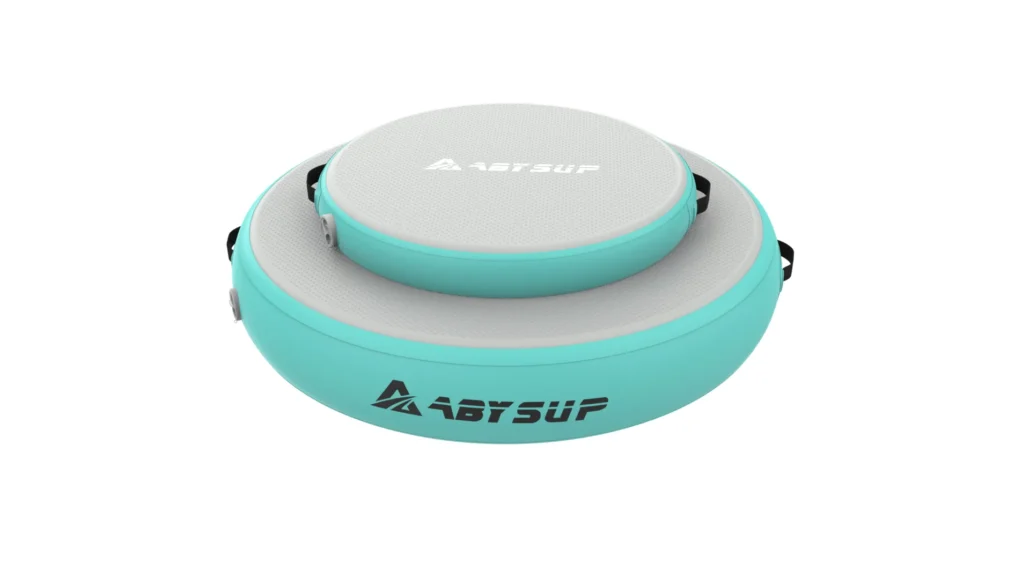 Two aqua-colored inflatable training pads with ABYSUP logo, featuring handles for easy carrying.