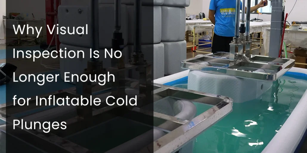 Person in blue shirt overseeing equipment testing an inflatable cold plunge in a lab setting with water immersion.